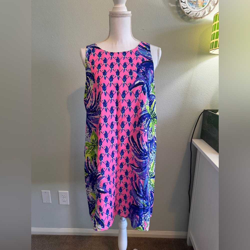 Lilly Pulitzer Vibrant Pink and Blue Sleeveless Bird Dress Size Medium